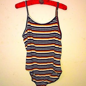 CUTE FOREVER 21 SIZE XL TANK TOP BODYSUIT-BLACK, CREAM, GOLD, BURGUNDY STRIPES